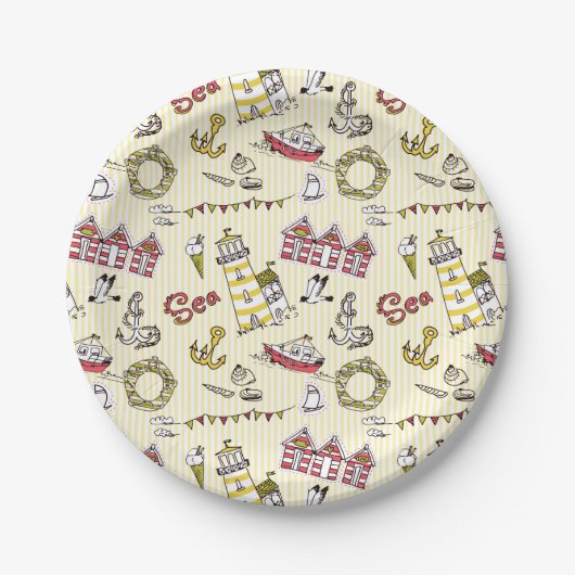 Cute Beach Scene Pattern Papieren Bordje (Voorkant)