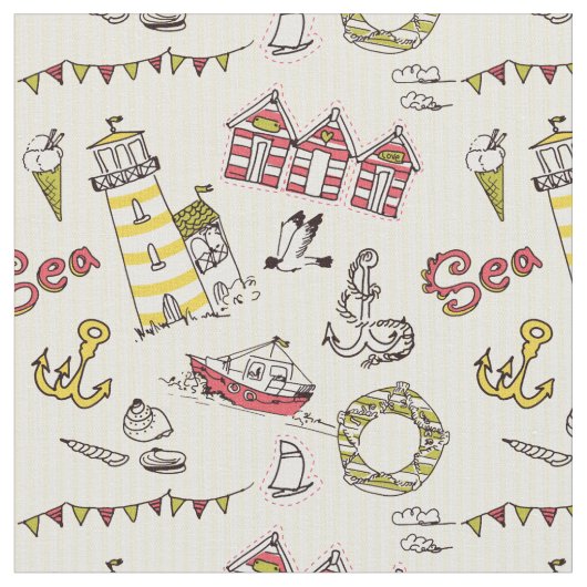 Cute Beach Scene Pattern Stof (Close Up)