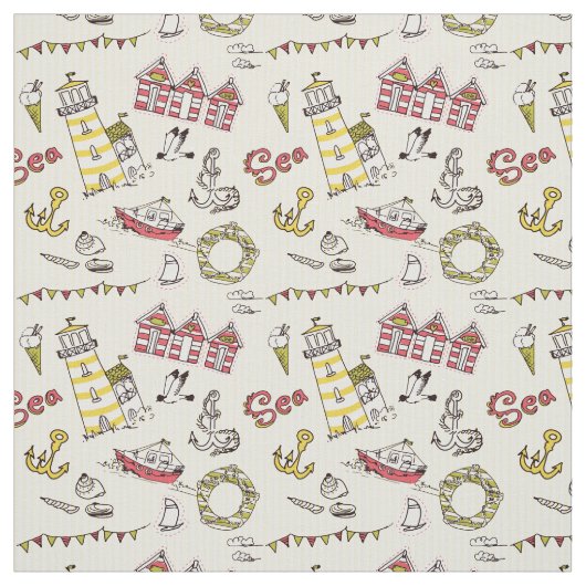Cute Beach Scene Pattern Stof (Swatch)