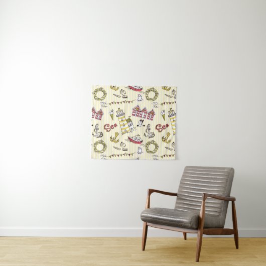 Cute Beach Scene Pattern Wandkleed (In Situ (horizontaal))
