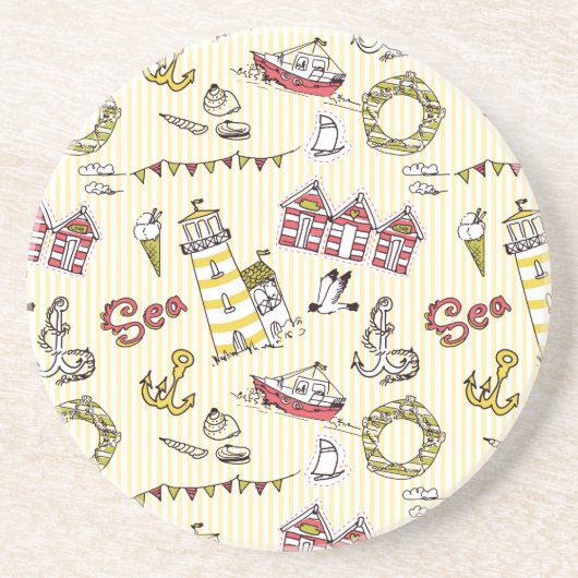 Cute Beach Scene Pattern Zandsteen Onderzetter (Voorkant)
