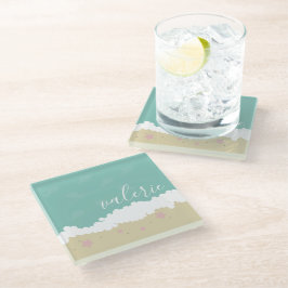 Cute Beach Waves Pink Seashells Script Glazen Onderzetter