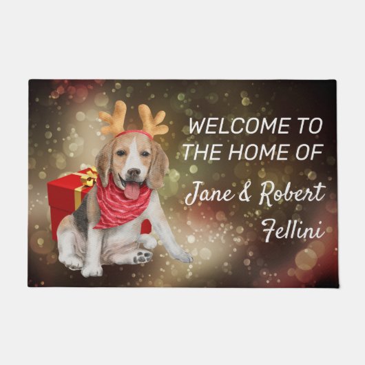 Cute Beagle antlers red box festive custom Deurmat (Voorkant)