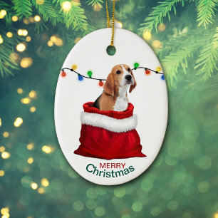 Cute Beagle Dog in Gift Bag met Kerstmis Keramisch Ornament