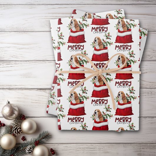 Cute Beagle Dog in Holiday Gift Bag Inpakpapier Vel