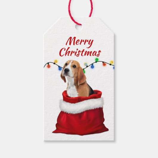 Cute Beagle Dog in Santa Bag Gift Labels Cadeaulabel (Voorkant)