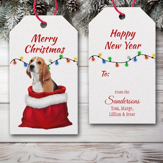 Cute Beagle Dog in Santa Bag Gift Labels Cadeaulabel