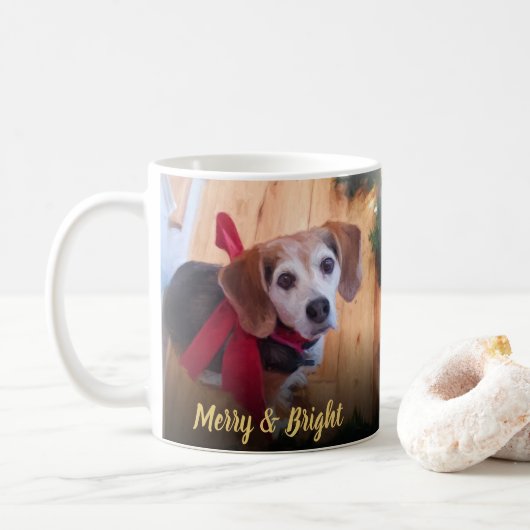 Cute Beagle Dog Red Bow Merry & Bright Kerstmis C Koffiemok (Met donut)