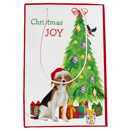 Cute Beagle Dog Santa Hat en kerstboom Medium Cadeauzakje (Voorkant)
