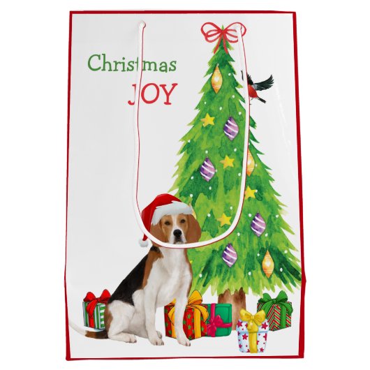 Cute Beagle Dog Santa Hat en kerstboom Medium Cadeauzakje (Achterkant)
