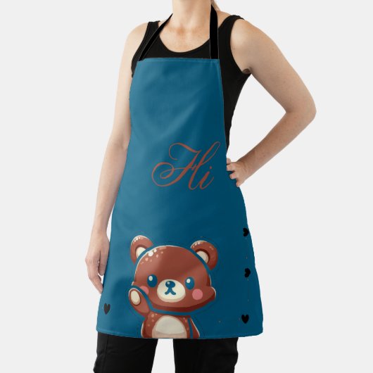 Cute Bear Apron–Teal Blue Teddy Bear Kitchen Apron Schort (Insitu)