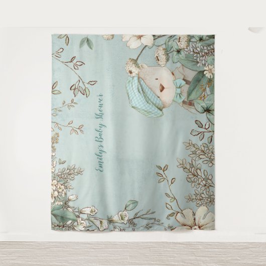 Cute Bear Bloemen Baby Shower Achtergrond landscha Wandkleed (Voorkant)
