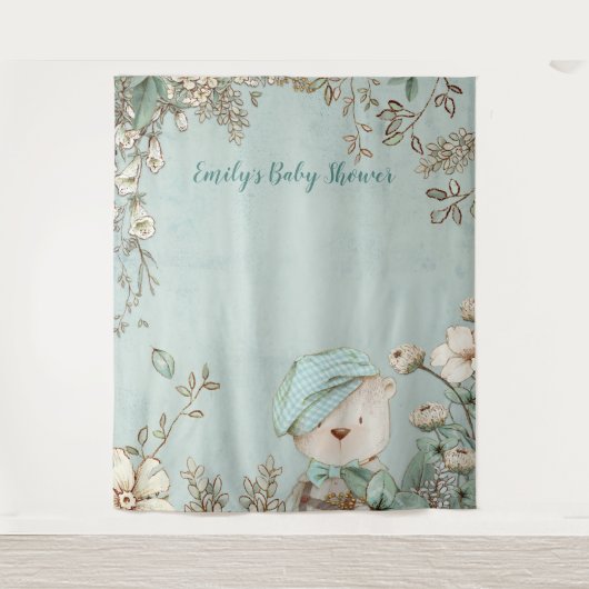 Cute Bear Bloemen Baby Shower Achtergrond portret Wandkleed (Voorkant)