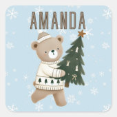 Cute Bear Christmas Tree Snowflakes Kids Name  Vierkante Sticker (Voorkant)