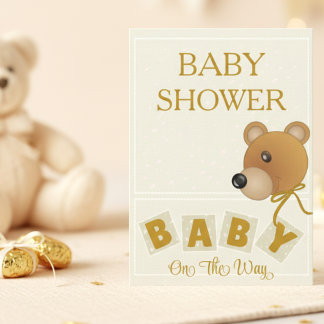 Cute Bear Cream & Gold Baby Shower Invitation Kaart