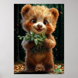 Cute Bear Cub with Greenery Poster