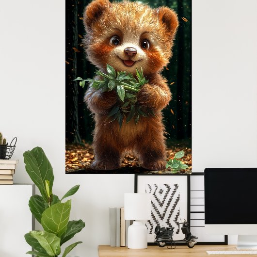 Cute Bear Cub with Greenery Poster (Thuiskantoor)