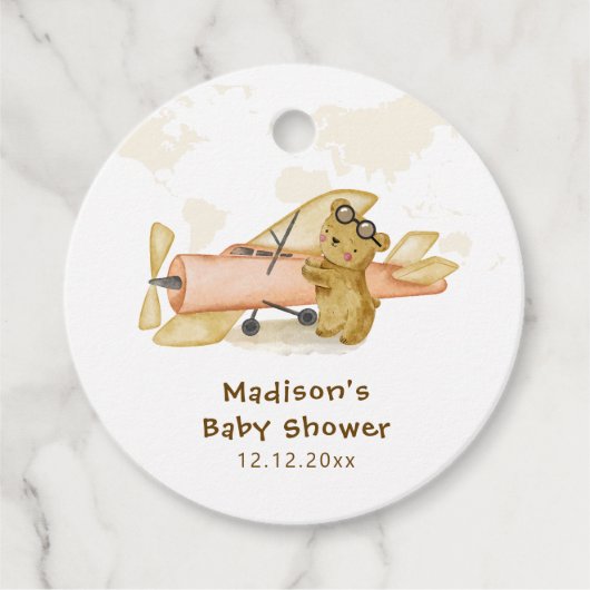 Cute Bear Explorer World Map Airplane Baby Shower  Bedankjes Labels (Voorkant)