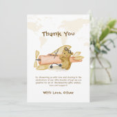 Cute Bear Explorer World Map Airplane Baby Shower  Bedankkaart (Staand voorkant)