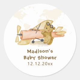 Cute Bear Explorer World Map Airplane Baby Shower  Ronde Sticker