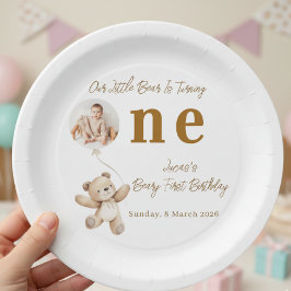 Cute Bear First Birthday Photo Party Paper Plates Papieren Bordje