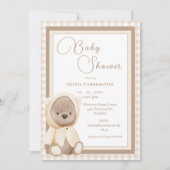 Cute Bear Gingham Vintage Baby Shower Invitation Kaart (Voorkant)