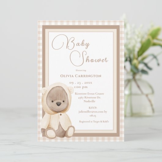Cute Bear Gingham Vintage Baby Shower Invitation Kaart (Staand voorkant)