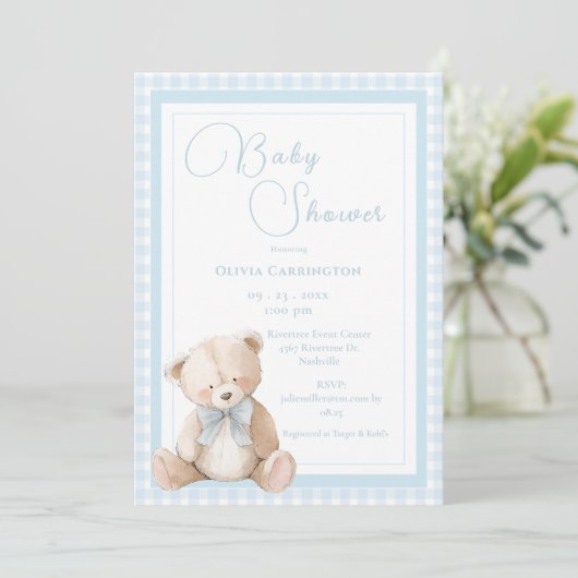 Cute Bear Gingham Vintage Baby Shower Kaart (Staand voorkant)