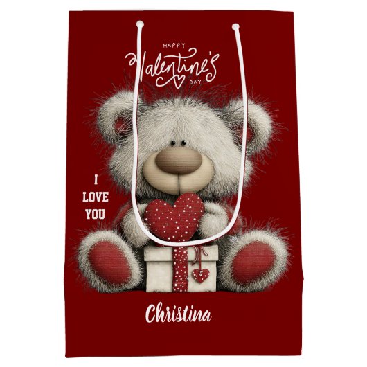 Cute Bear Happy Valentines Day Custom Name  Medium Cadeauzakje (Achterkant)