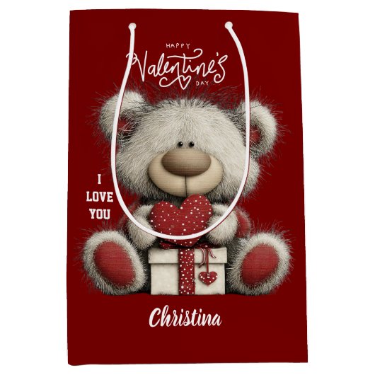 Cute Bear Happy Valentines Day Script Name  Medium Cadeauzakje (Voorkant)