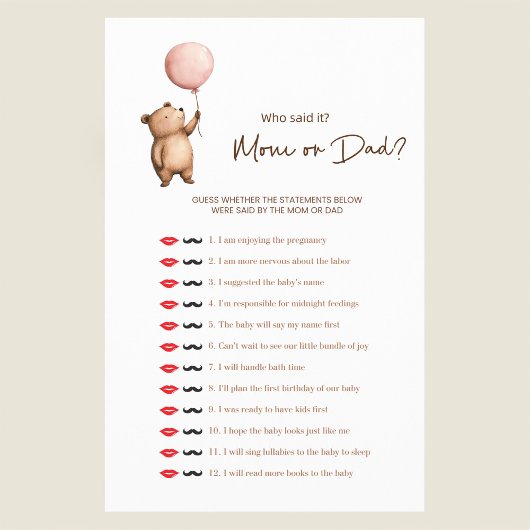 Cute Bear "Mom or Dad?" Baby Shower Game Flyer