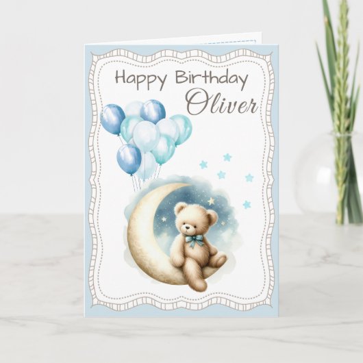 Cute Bear on the Moon Birthday Card for Boy Kaart (Voorkant)