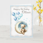 Cute Bear on the Moon Birthday Card for Boy Kaart (Gele Bloem)