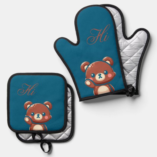 Cute Bear Oven Mitt and Pot Holder Set – Teal Blue (Voorkant / Achterkant)