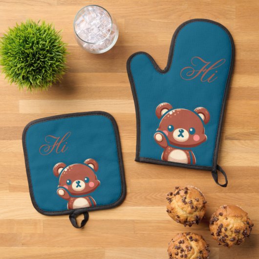 Cute Bear Oven Mitt and Pot Holder Set – Teal Blue (Top down)