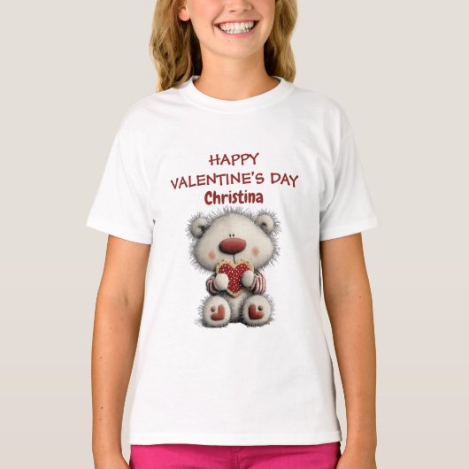 Cute Bear Red Happy Valentines Day Custom Name  T-shirt (Voorkant)