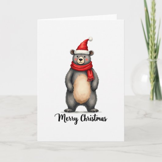 Cute Bear Santa Hat Scarf Merry Christmas Card Art Kaart (Voorkant)
