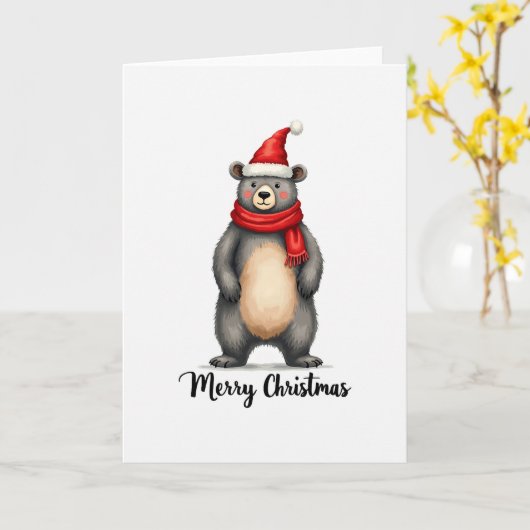 Cute Bear Santa Hat Scarf Merry Christmas Card Art Kaart (Gele Bloem)