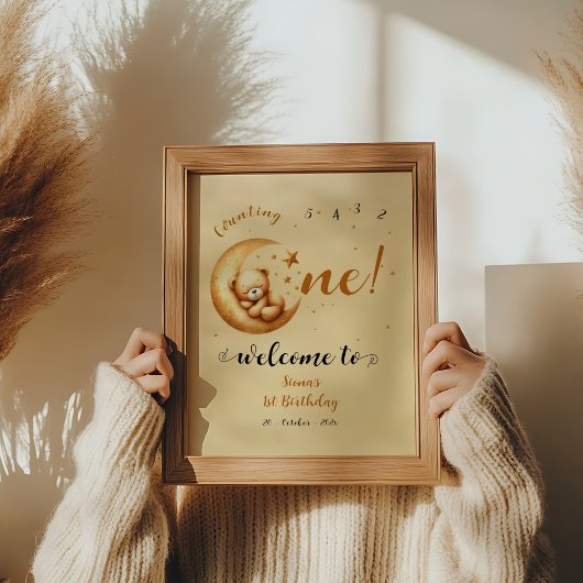 Cute Bear slaap op de maan 1e verjaardag welkom Poster