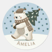 Cute Bear Snowflakes Drawing Name Christmas Ronde Sticker (Voorkant)