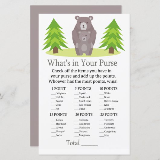 Cute Bear What's in your purse spel baby shower (Voorkant / Achterkant)