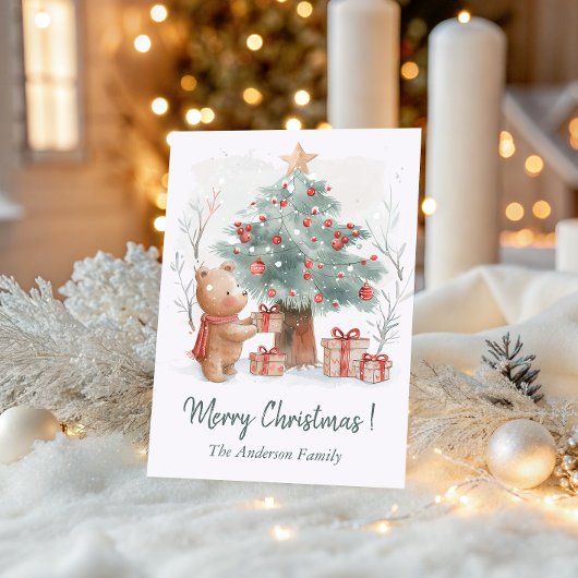 Cute Bear with Christmas Tree Watercolor Family    Feestdagenkaart
