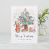 Cute Bear with Christmas Tree Watercolor Family    Feestdagenkaart (Staand voorkant)