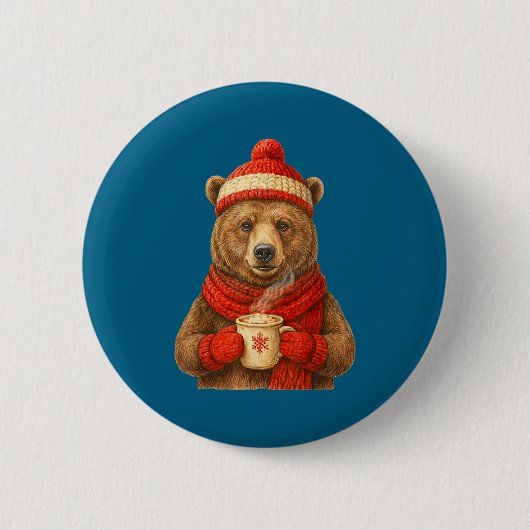 Cute Bear With Santa Hat Coffee Lover Funny Winter Ronde Button 5,7 Cm (Voorkant)