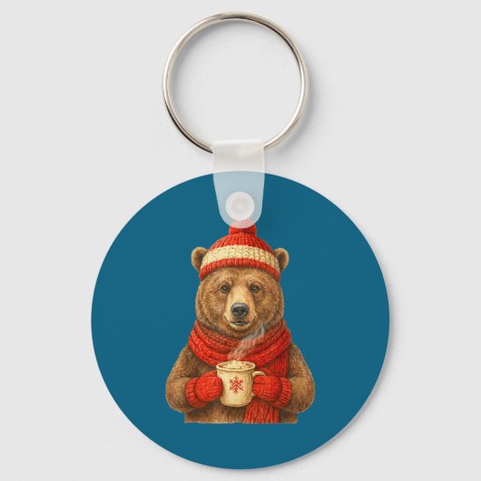 Cute Bear With Santa Hat Coffee Lover Funny Winter Sleutelhanger (Voorkant)