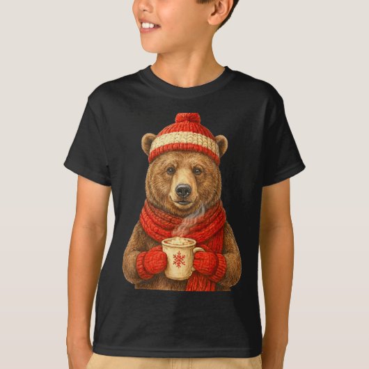 Cute Bear With Santa Hat Coffee Lover Funny Winter T-shirt (Voorkant)