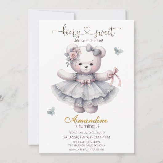 Cute bearly sweet  girl birthday  Invitation Kaart (Voorkant)