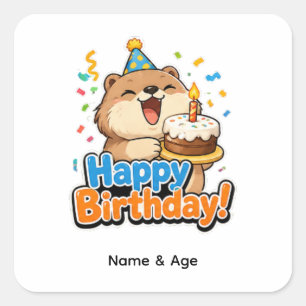 Cute Beaver & Cake Aangepaste verjaardagsfeestje F Vierkante Sticker