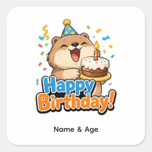 Cute Beaver & Cake Aangepaste verjaardagsfeestje F Vierkante Sticker (Voorkant)