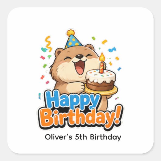 Cute Beaver & Cake Aangepaste verjaardagsfeestje F Vierkante Sticker (Voorkant)